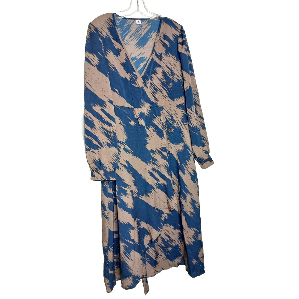 Women's Flowy Faux Wrap Dress V-Neck Long Sleeve Size XL Blue/Brown - Picture 2 of 9